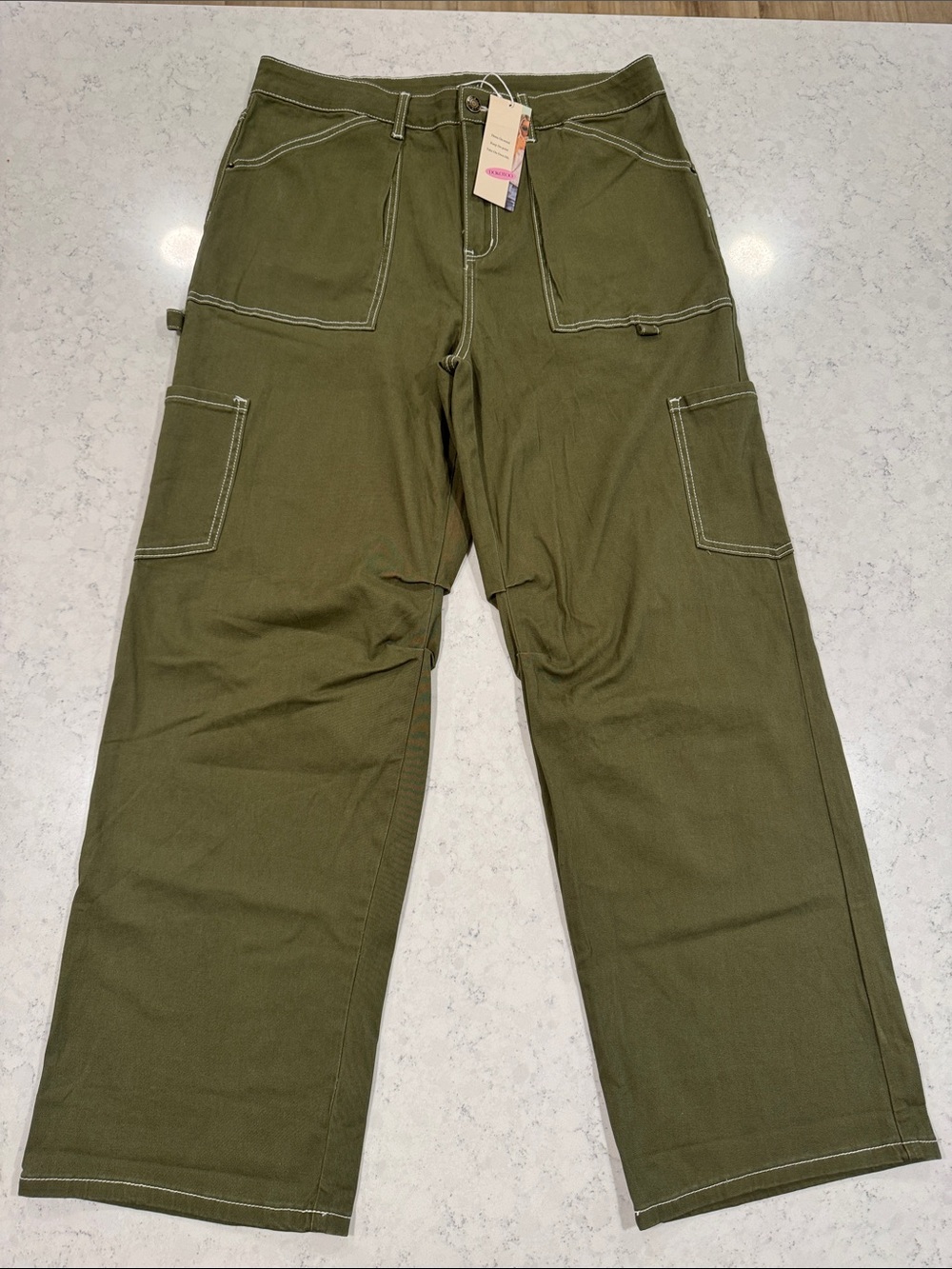 NWT DOKOTOO Sz 14 Olive Carpenter Utility Cargo High Waist White Stitch Stretch - Picture 4 of 16
